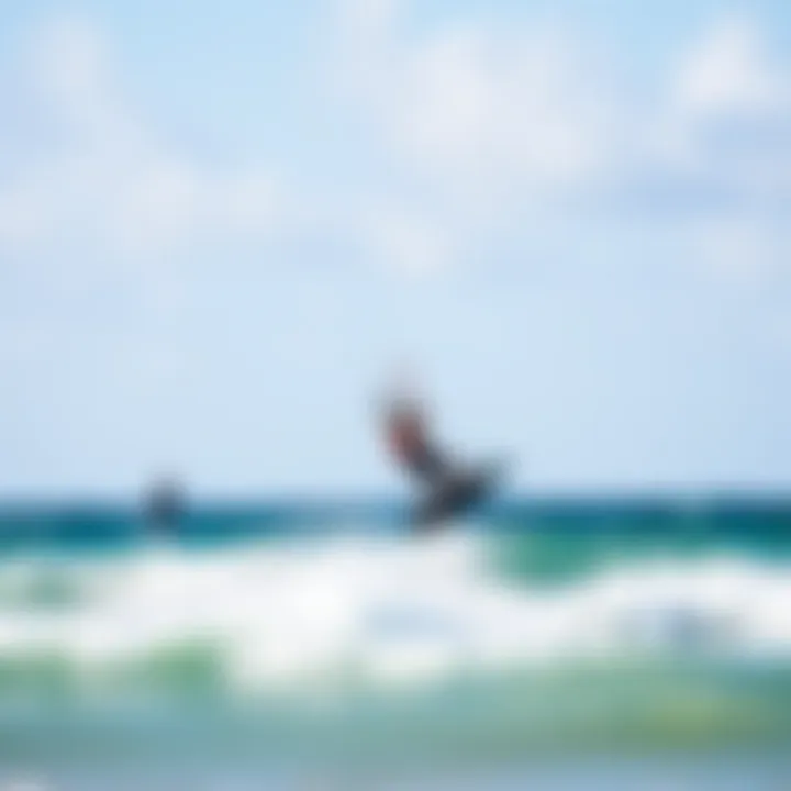 A serene beach scene with kiteboarders enjoying the waves