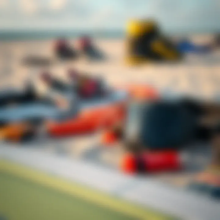 Essential Gear for Kiteboarding Enthusiasts Close-up of essential kiteboarding gear laid out on the beach
