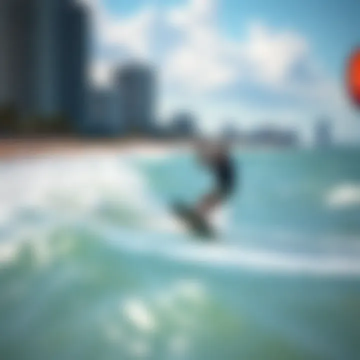 Kiteboarding Adventure on Miami's Waves A kiteboarder riding the waves along Miami's coastline