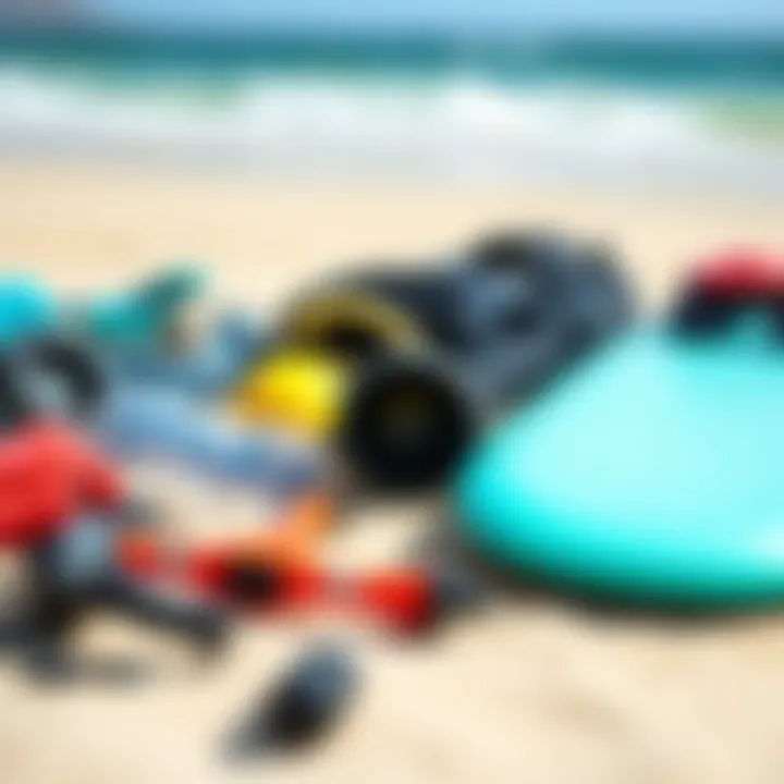 Essential Kite Surfing Gear Close-up of essential kite surfing gear laid out on the beach