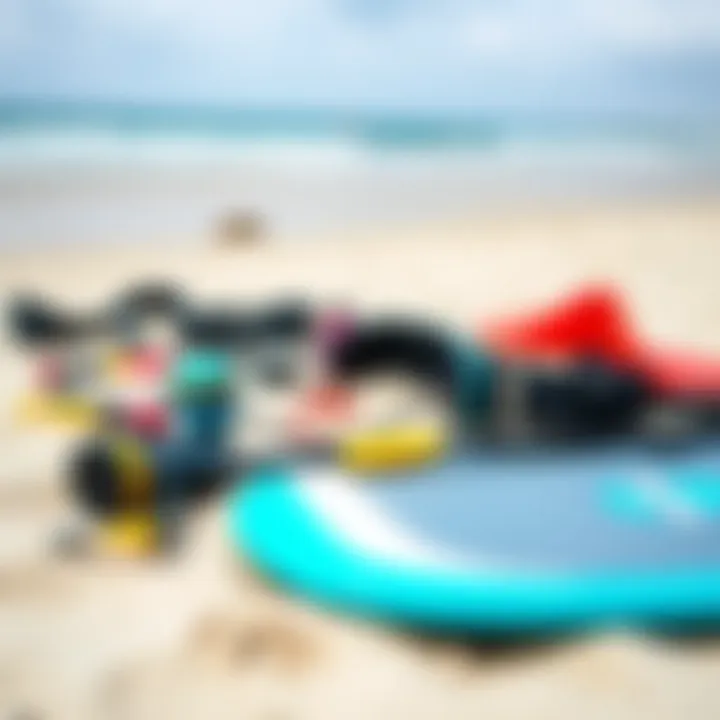 Essential Kite Surfing Gear Close-up of kite surfing gear laid out on the sandy beach