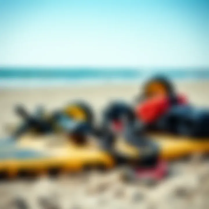 Essential Kite Surfing Gear Close-up of kite surfing gear laid out on the shore, showcasing essential equipment