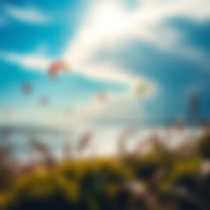 Vibrant Kite Surfing Spot in Minnesota A panoramic view of a popular kite surfing spot with vibrant kites in the sky