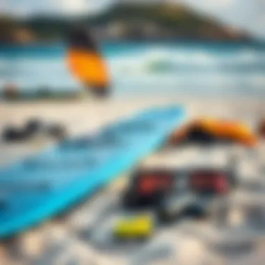 Essential kite surfing gear laid out on the sand