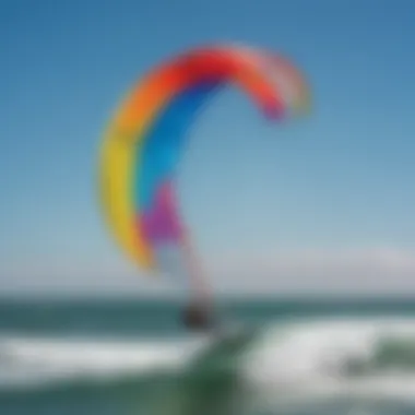 Vibrant Kite Surfing at Santa Barbara Coast A vibrant kite surfing scene along the Santa Barbara coastline with colorful kites soaring against the blue sky.