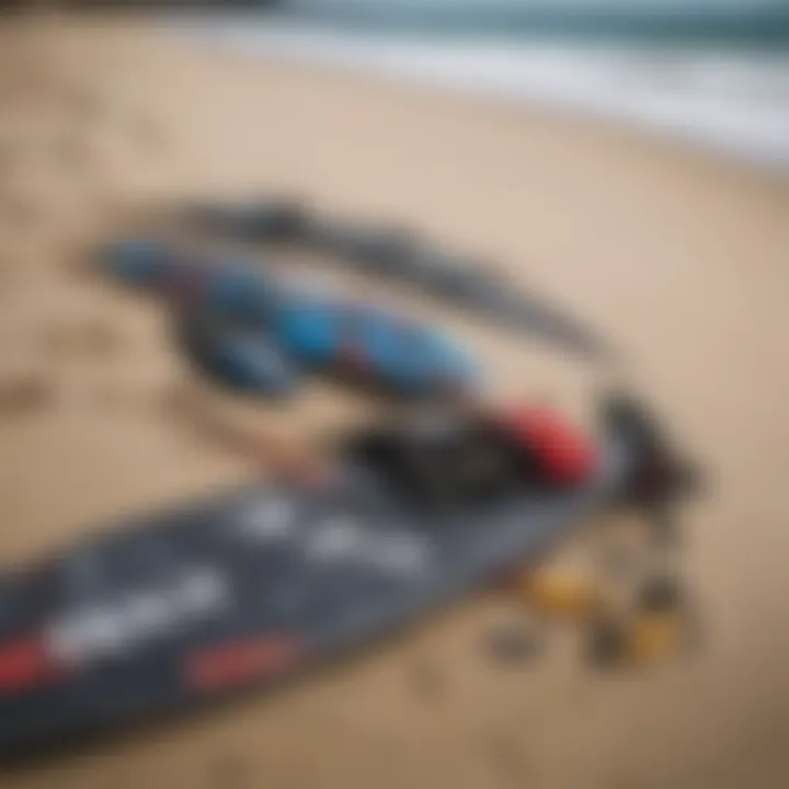 A close-up of kite surfing gear including a kite, board, and safety equipment laid out on the beach.