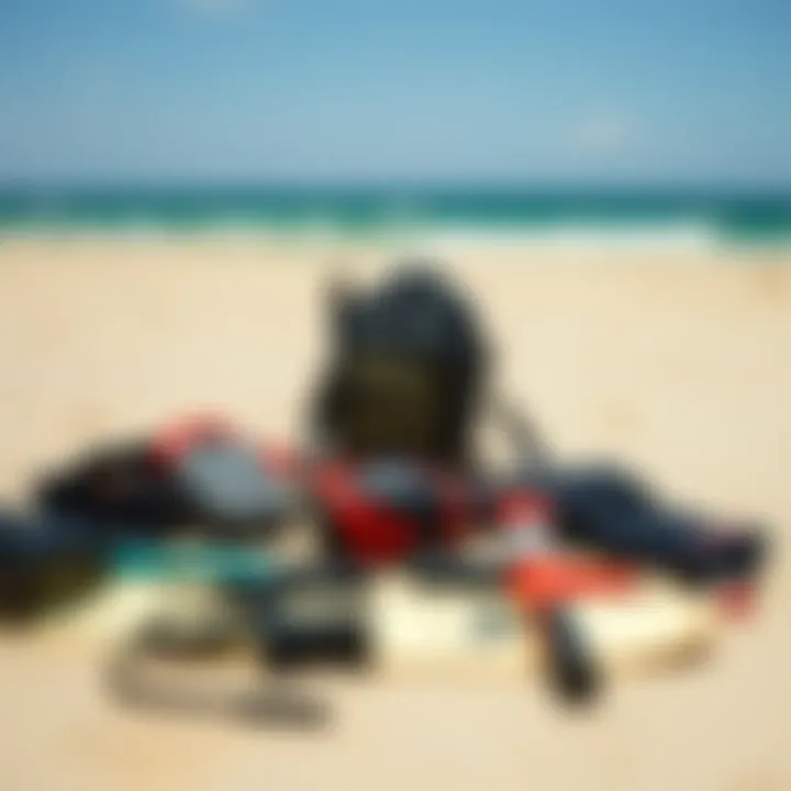 Essential Gear for an Unforgettable Kite Adventure Essential kiteboarding gear laid out on a sandy beach