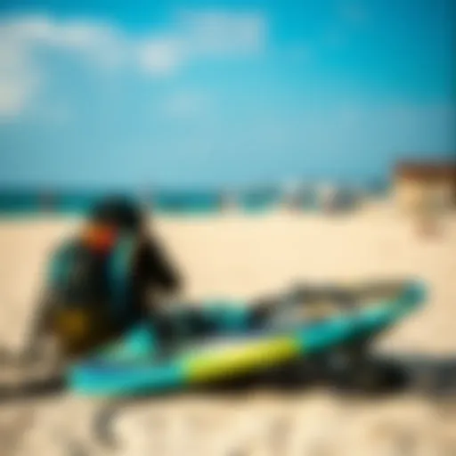 Vibrant kiteboard setup on the beach ready for adventure