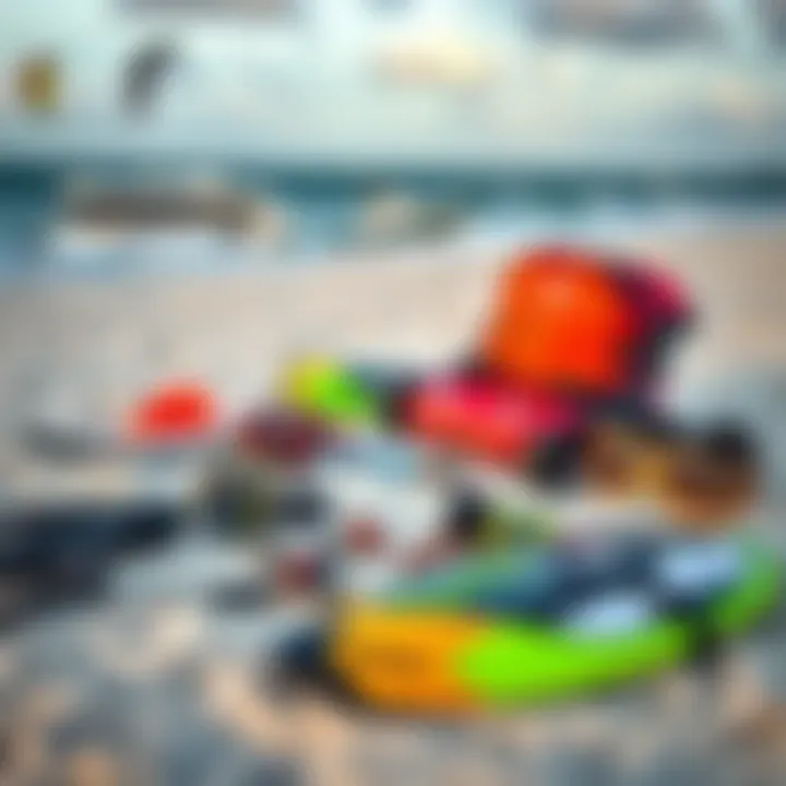 Essential kiteboarding gear laid out on the sand ready for use