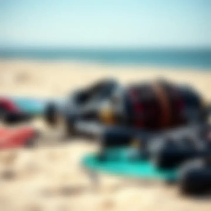 Gear Essentials for Bay Area Kiteboarding A close-up of essential kiteboarding gear laid out on the beach