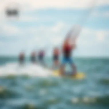 Thriving Kiteboarding Community A group of kiteboarders showcasing their skills on the water