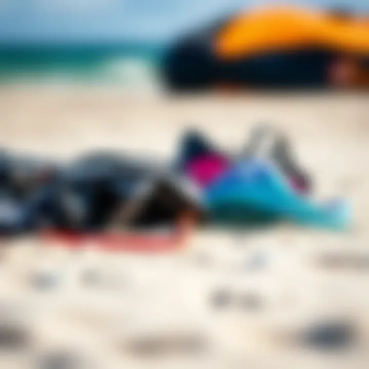 Essential Kiteboarding Gear Close-up of high-quality kiteboarding gear laid out on the sand