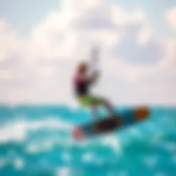 A stunning kiteboarder gliding over azure waters with a vibrant kite