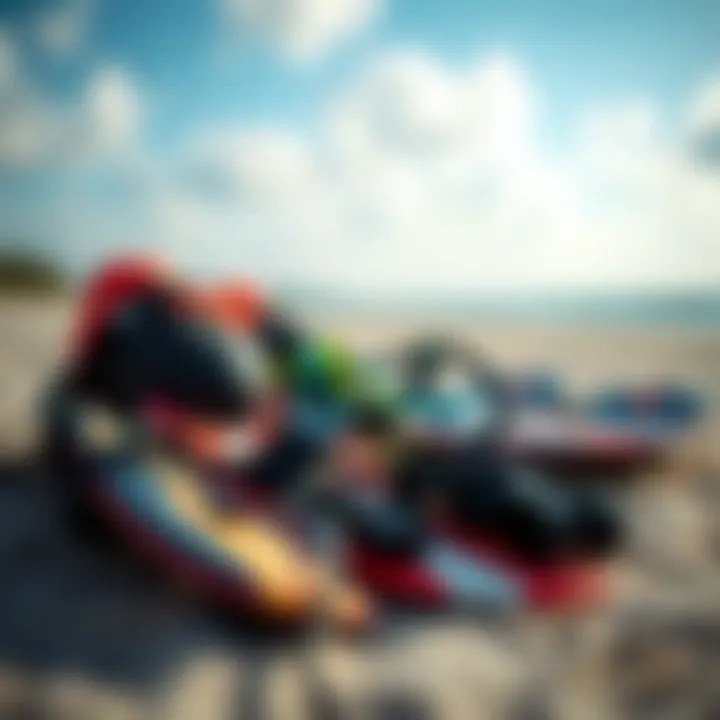 Essential Kiteboarding Gear Vibrant kiteboarding gear laid out on the beach