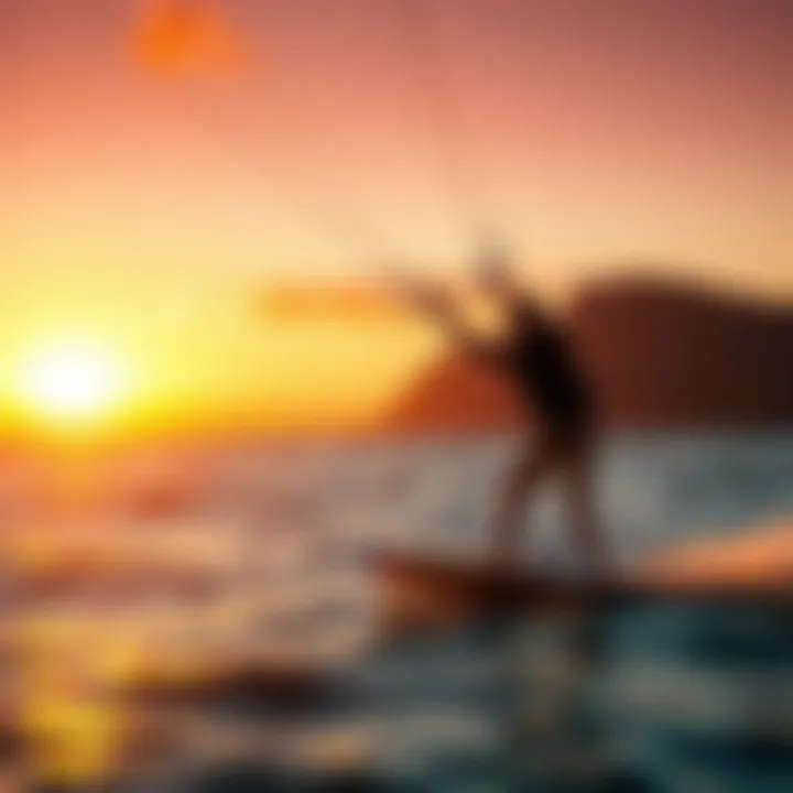 Sunset Serenity: A Kiteboarding Haven Scenic view of a popular kiteboarding spot in the Bay Area during sunset