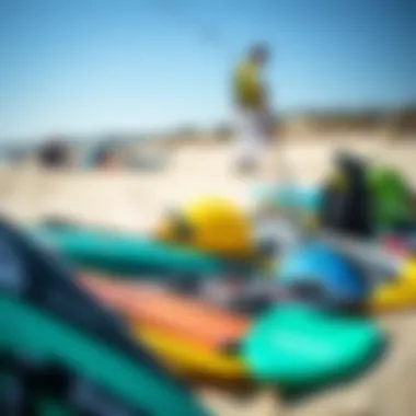 Kitesurfing Gear Essentials An array of kitesurfing equipment displayed on a beach