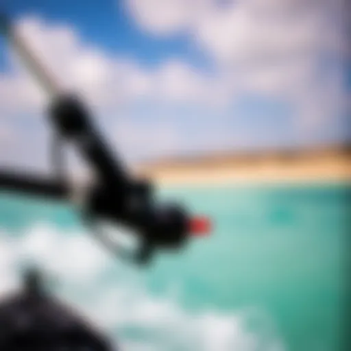 Close-up view of a kitesurfing bar showcasing its control system.