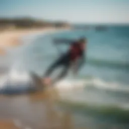 Kitesurfing dynamic action shot on a stunning Portuguese beach