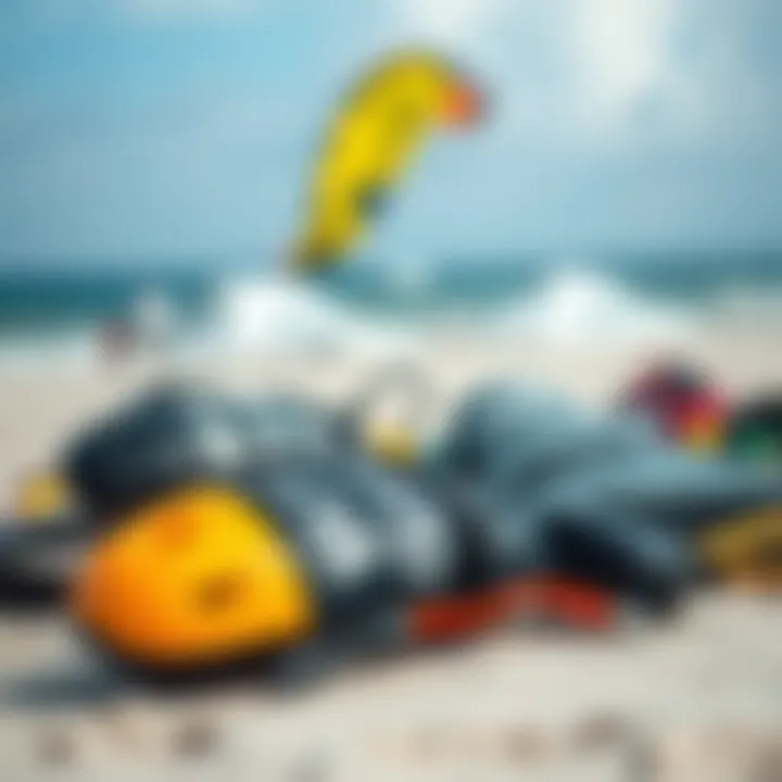 Kitesurfing Gear Essentials Close-up of essential kitesurfing gear laid out on the beach