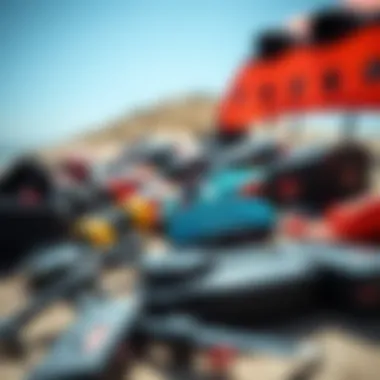 Close-up view of specialized land kite surfing equipment laid out for inspection.