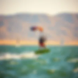 Dynamic view of a kiteboarder using a lite efoil on the water