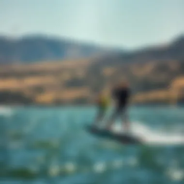 A scenic landscape with kiteboarders enjoying efoiling experience