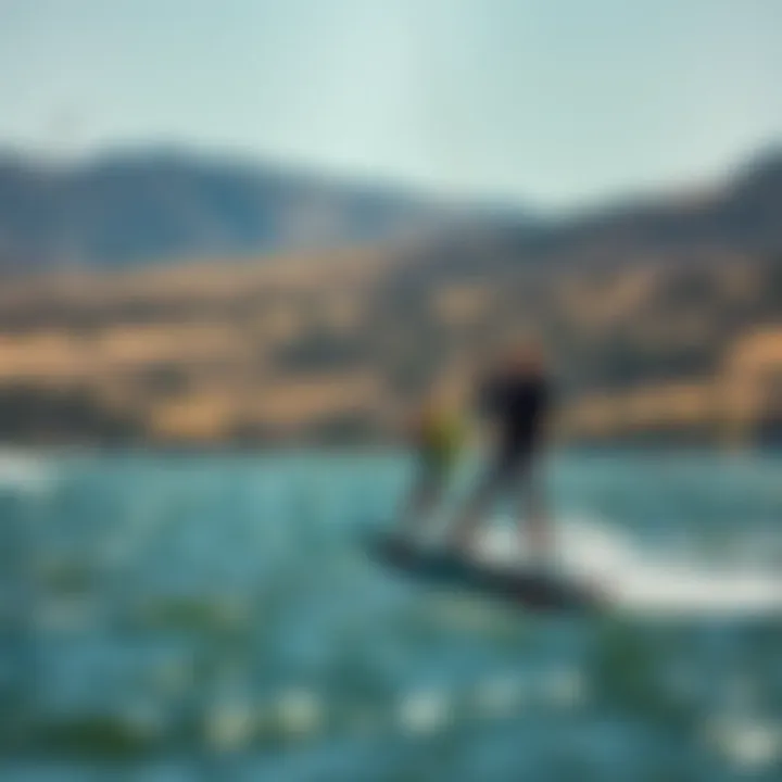 A scenic landscape with kiteboarders enjoying efoiling experience