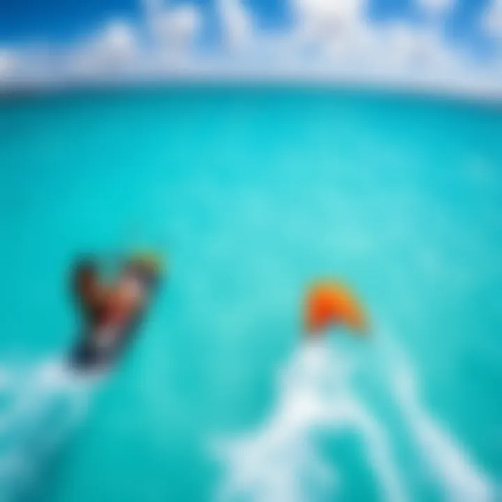 Kiteboarders in Action Over Crystal Clear Waters A breathtaking view of kiteboarders gliding over turquoise waters in the Mariana Islands.