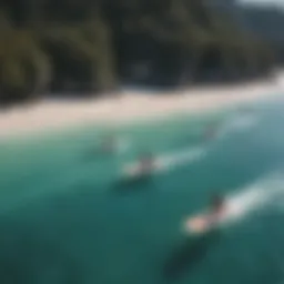 A panoramic view of wing surfers gliding over crystal clear waters