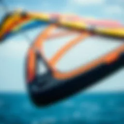 A close-up view of the Ocean Rodeo Trainer Kite showcasing its modern design and vibrant colors