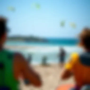 A scenic view of a kiteboarding location with multiple riders practicing skills with trainer kites
