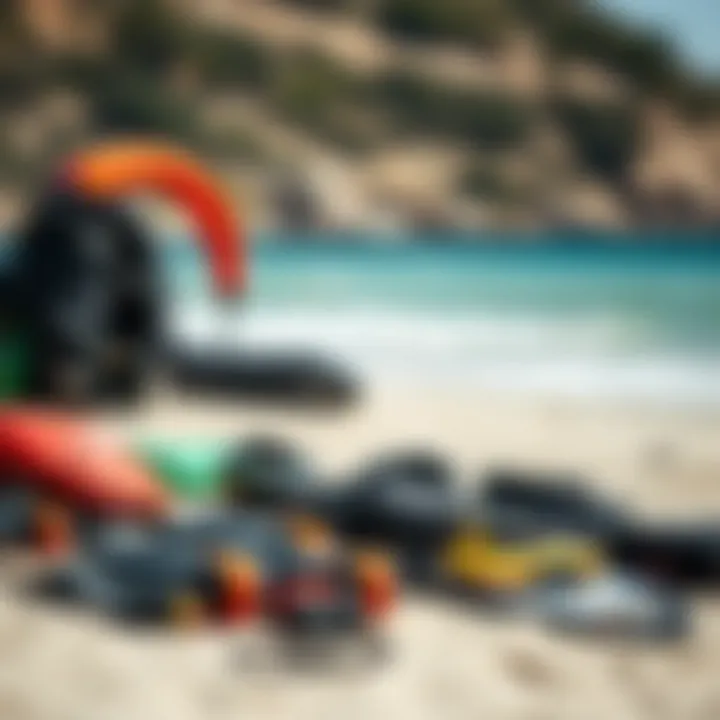 An array of training gear compatible with the Ocean Rodeo Trainer Kite laid out on a beach