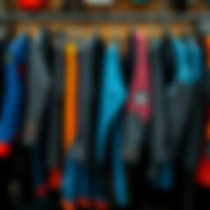 Variety of Wetsuit Styles for Kiteboarding Diverse kiteboarding wetsuit styles displayed on a rack