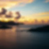 Tranquil Sunset Over Sea Bay A breathtaking sunset view over the tranquil sea bay, perfect for kiteboarding.