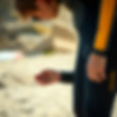 Unique Design Elements of Seaskins Wetsuits Person examining Seaskins wetsuit's unique design elements on a sandy beach