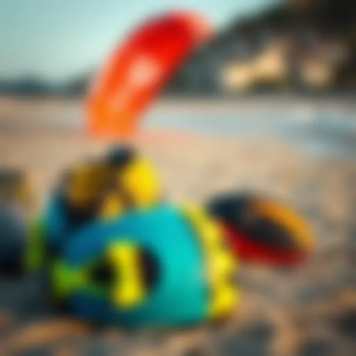 Essential Kiteboarding Gear on the Shore Vibrant kiteboarding gear ready for action on the sandy shore