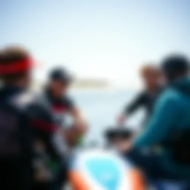 Kiteboarding enthusiasts discussing hydrofoil techniques and experiences