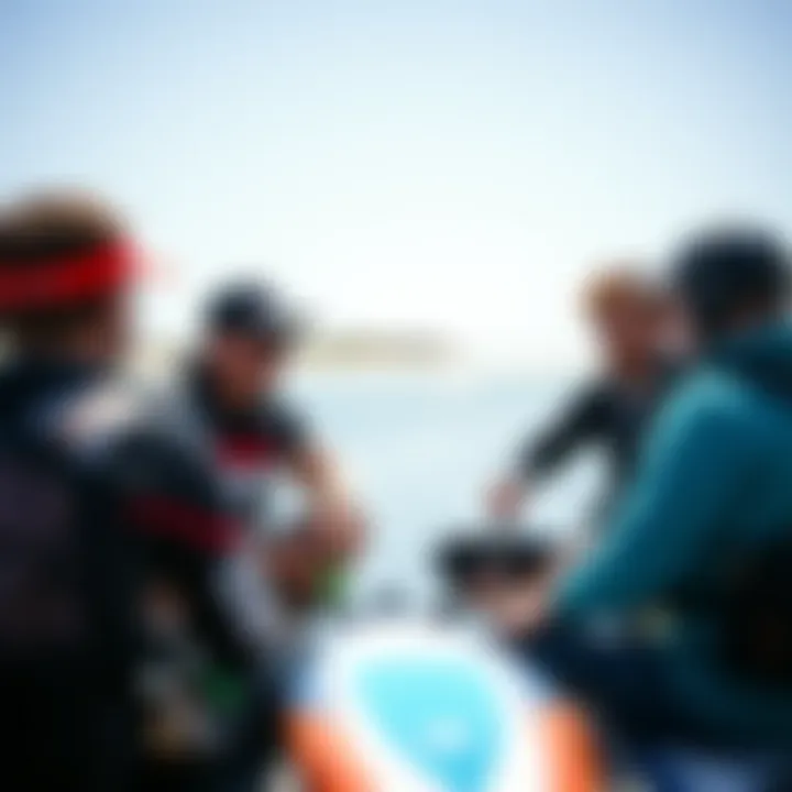 Kiteboarding enthusiasts discussing hydrofoil techniques and experiences