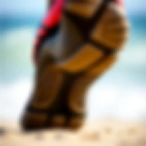 Detailed view of split toe bootie showcasing material texture