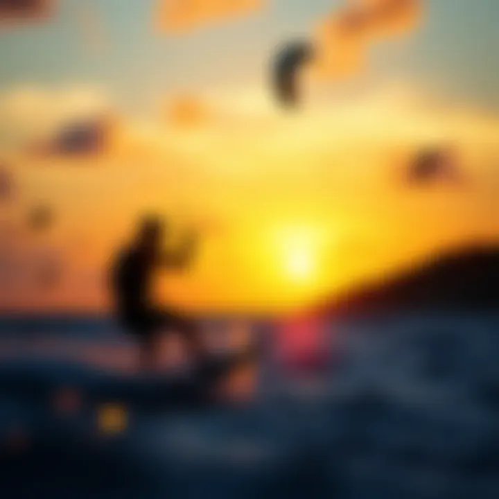 Sunset Sessions: The Magic of Kiteboarding A vibrant sunset backdrop with kites in the air