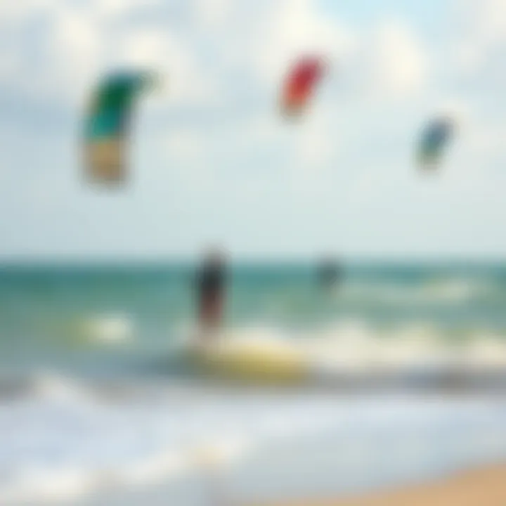 Embracing Freedom on the Water A serene beach with kiteboarders enjoying the wind