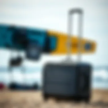 Dakine suitcase in a travel setting near kiteboarding equipment