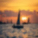 A serene Caribbean sunset over tranquil waters with sailboats