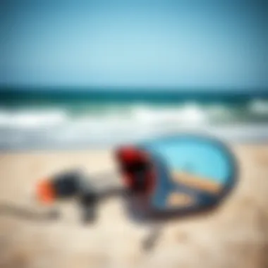 Modern Wing Kitesurfing Gear Close-up view of modern wing kitesurfing equipment laid out on the beach