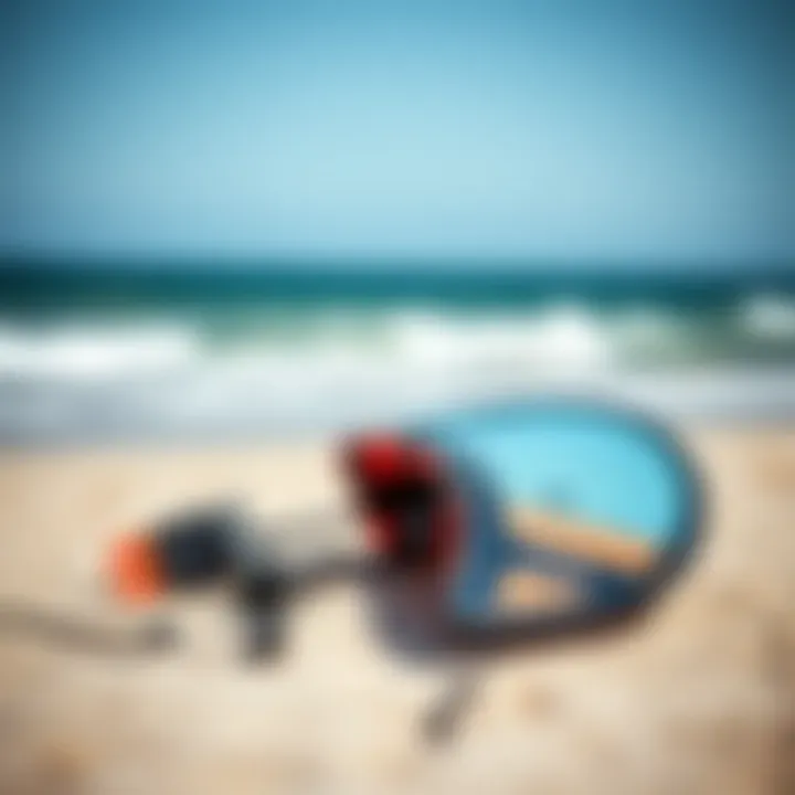 Modern Wing Kitesurfing Gear Close-up view of modern wing kitesurfing equipment laid out on the beach