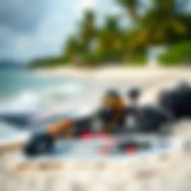 Kiteboarding gear displayed on sandy beach