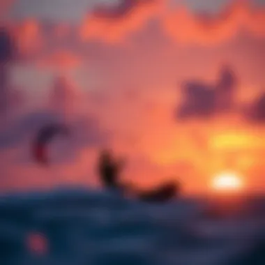 Vibrant sunset casting colors on kiteboarding scene