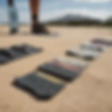 Different types of front traction pads arranged for comparison