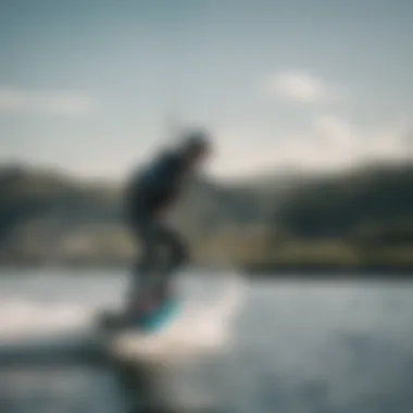 Kiteboarding on a Hydrofoil A kiteboarder riding a hydrofoil on a serene water surface, demonstrating advanced techniques