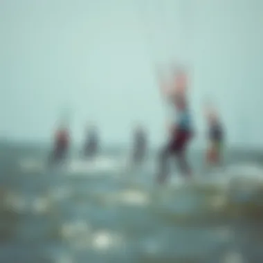 Diverse Skill Levels in Kiteboarding with Foil Boards Group of kiteboarders of varying skill levels using foil boards